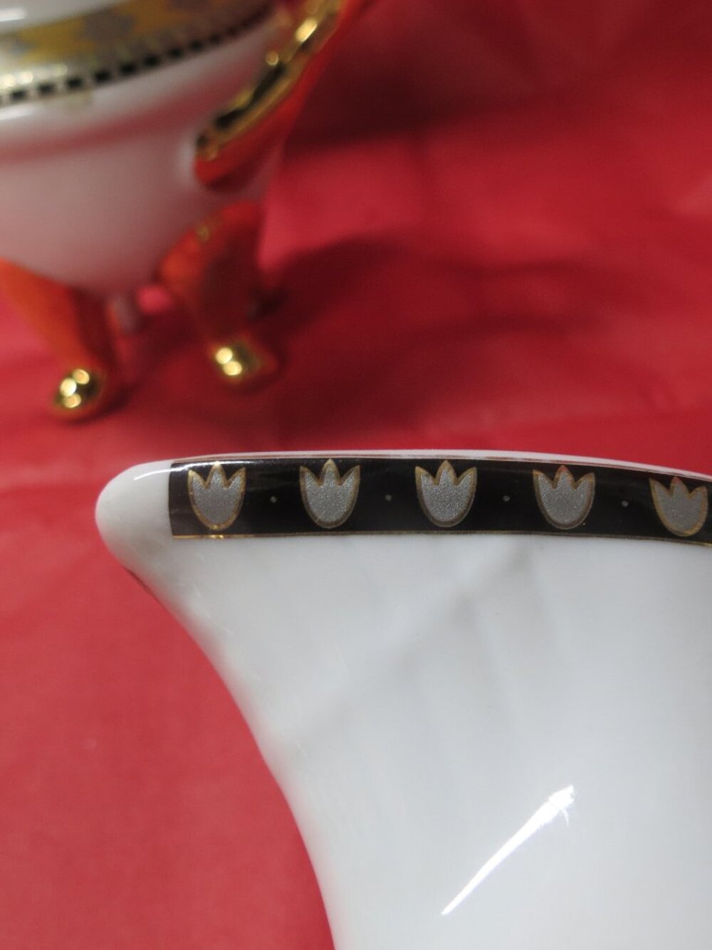 Vintage Porcelain Sugar & Creamer White w Gold & Black Tulips Czechoslovakia?